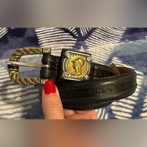 NEW Brighton Athena Coin Embossed Black Leather Brass Coin Two Tone Belt Sz S/28